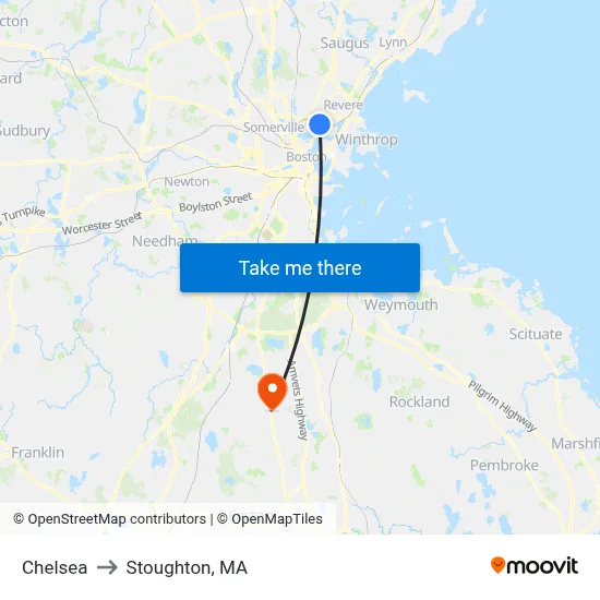 Chelsea to Stoughton, MA map