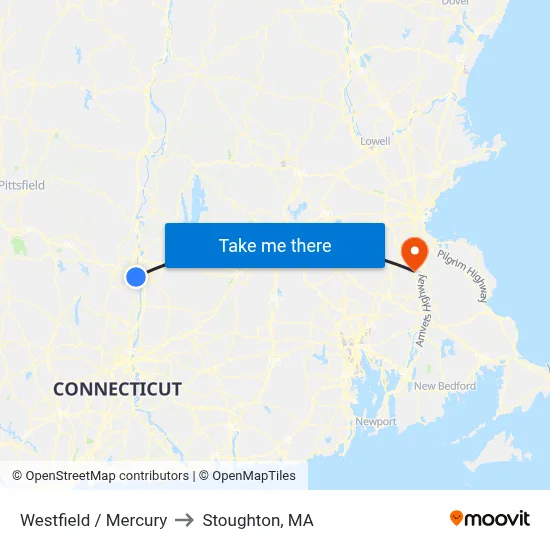 Westfield / Mercury to Stoughton, MA map