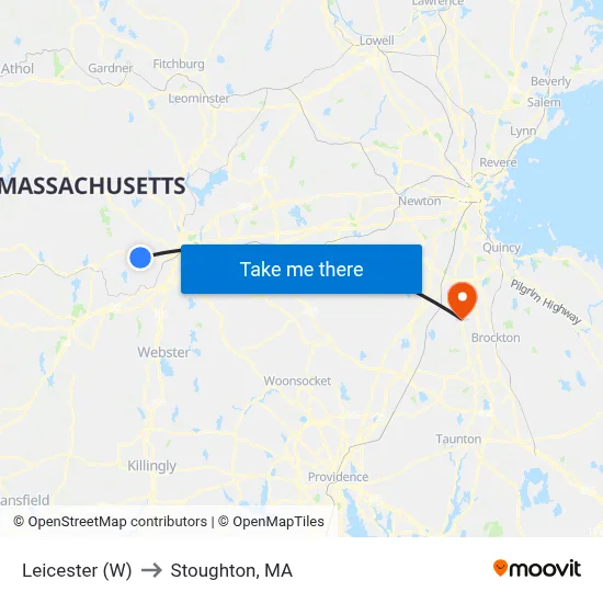 Leicester (W) to Stoughton, MA map