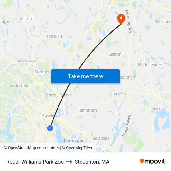 Roger Williams Park Zoo to Stoughton, MA map