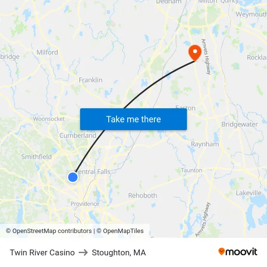 Twin River Casino to Stoughton, MA map