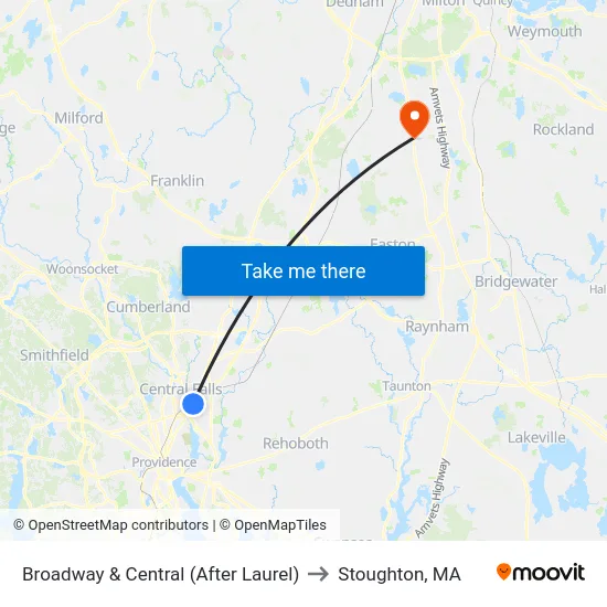 Broadway & Central (After Laurel) to Stoughton, MA map