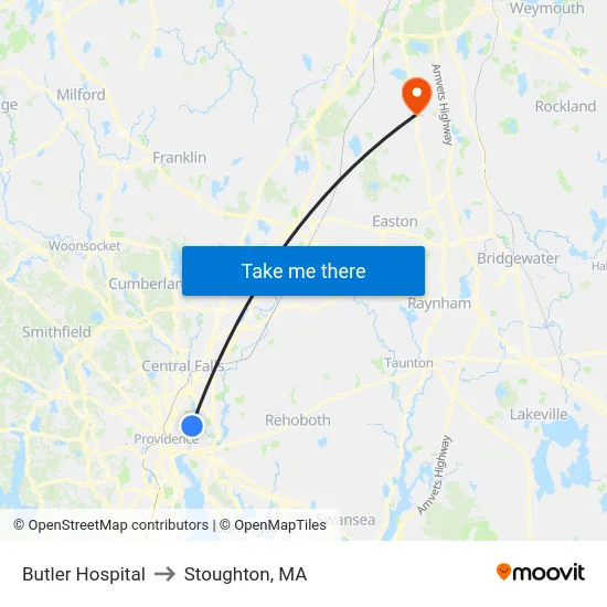 Butler Hospital to Stoughton, MA map