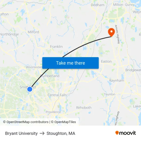 Bryant University to Stoughton, MA map