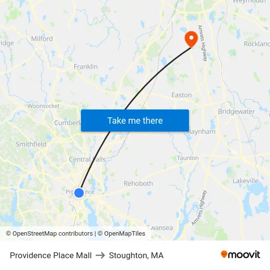 Providence Place Mall to Stoughton, MA map