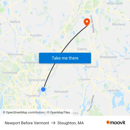 Newport Before Vermont to Stoughton, MA map