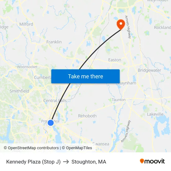 Kennedy Plaza (Stop J) to Stoughton, MA map