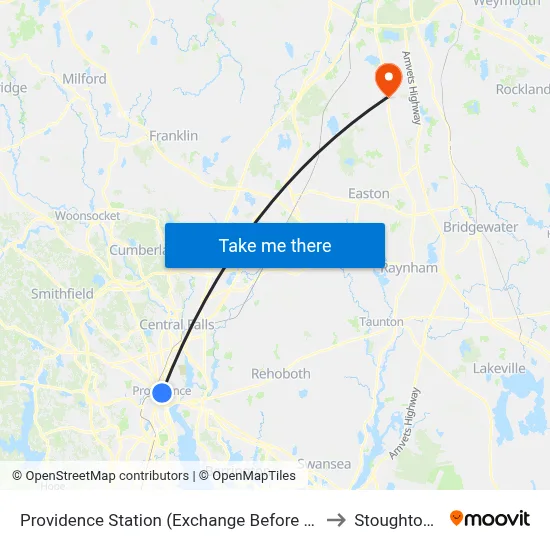 Providence Station (Exchange Before Park Row W) to Stoughton, MA map