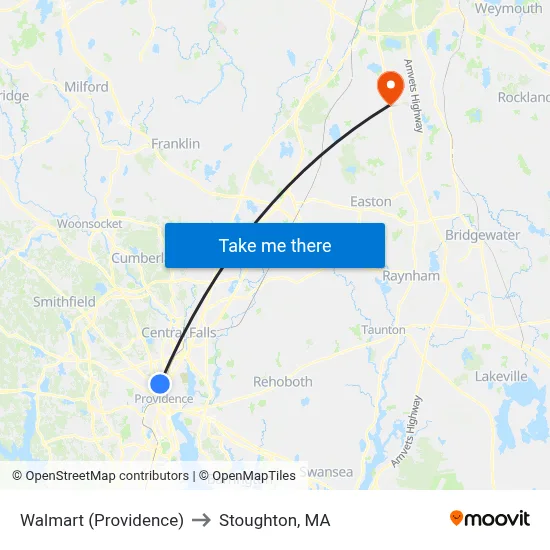 Walmart (Providence) to Stoughton, MA map