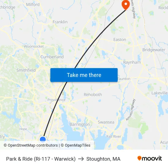 Park & Ride (Ri-117 - Warwick) to Stoughton, MA map