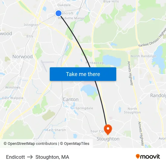 Endicott to Stoughton, MA map