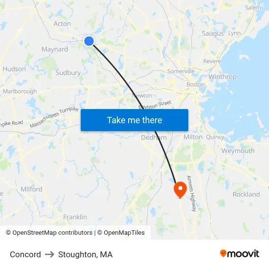 Concord to Stoughton, MA map