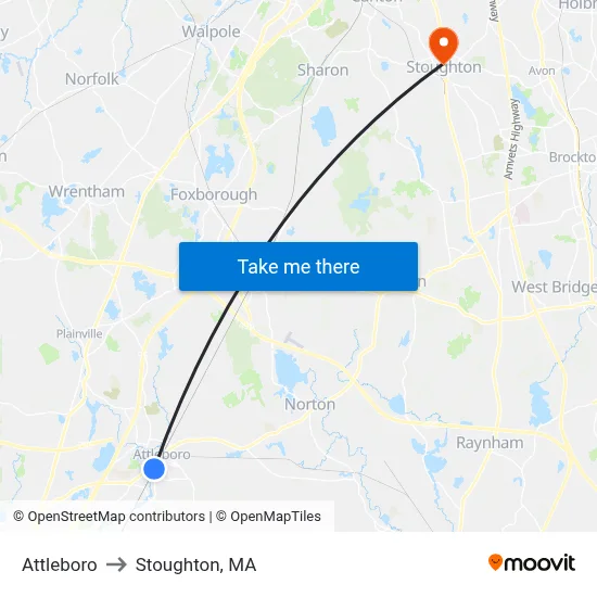 Attleboro to Stoughton, MA map