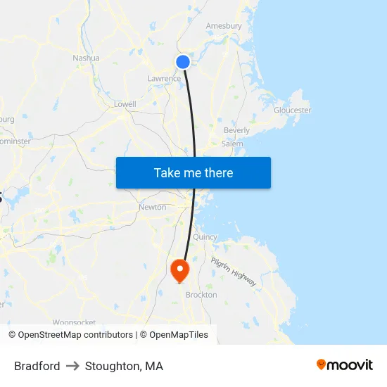 Bradford to Stoughton, MA map
