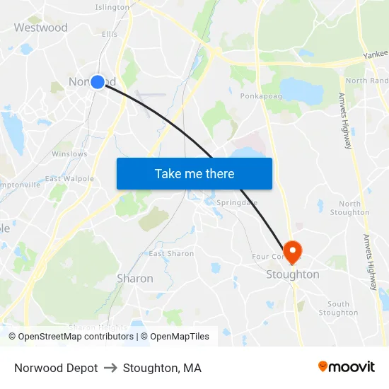 Norwood Depot to Stoughton, MA map