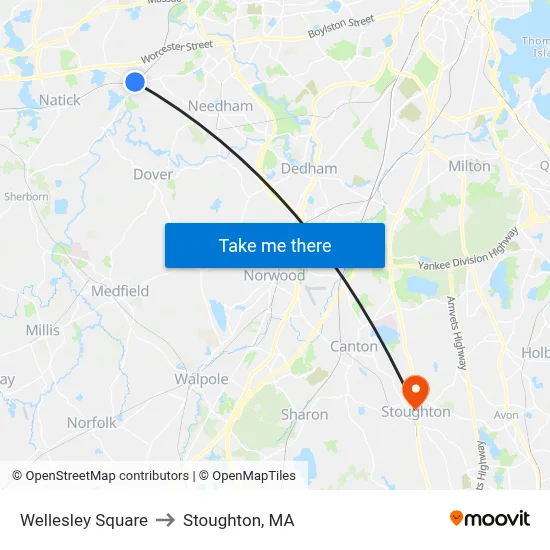 Wellesley Square to Stoughton, MA map