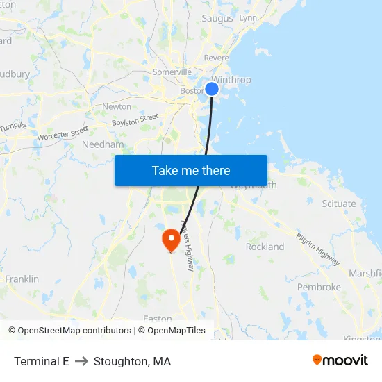 Terminal E to Stoughton, MA map