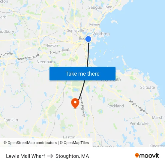 Lewis Mall Wharf to Stoughton, MA map
