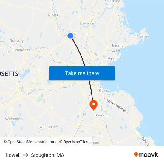 Lowell to Stoughton, MA map