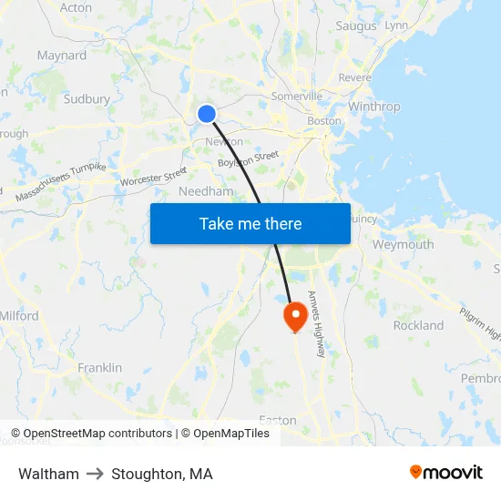 Waltham to Stoughton, MA map