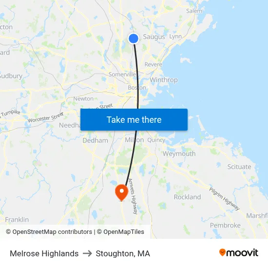 Melrose Highlands to Stoughton, MA map