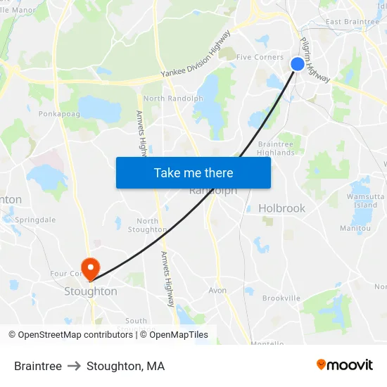 Braintree to Stoughton, MA map