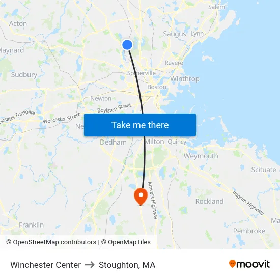 Winchester Center to Stoughton, MA map