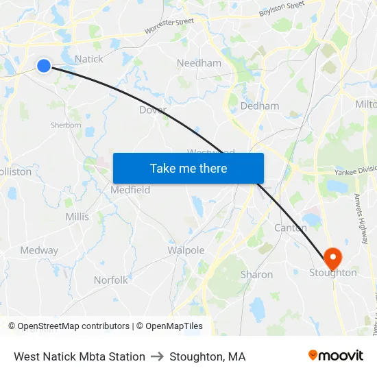West Natick Mbta Station to Stoughton, MA map