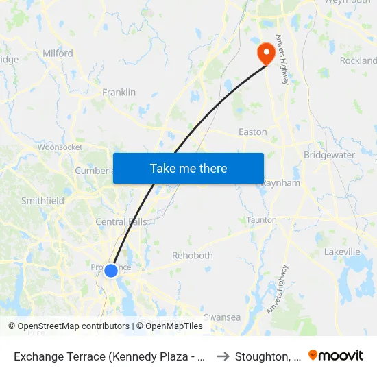 Exchange Terrace (Kennedy Plaza - Stop X) to Stoughton, MA map
