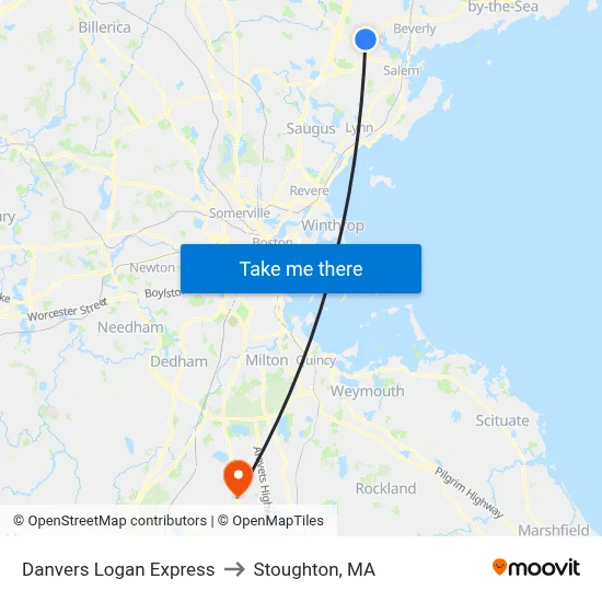 Danvers Logan Express to Stoughton, MA map