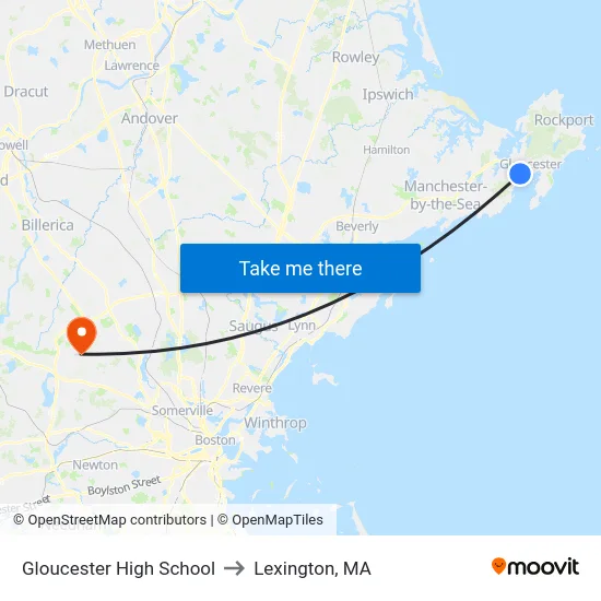 Gloucester High School to Lexington, MA map