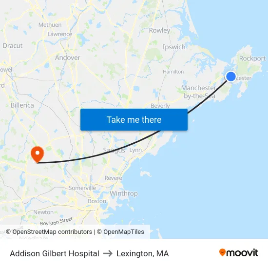 Addison Gilbert Hospital to Lexington, MA map