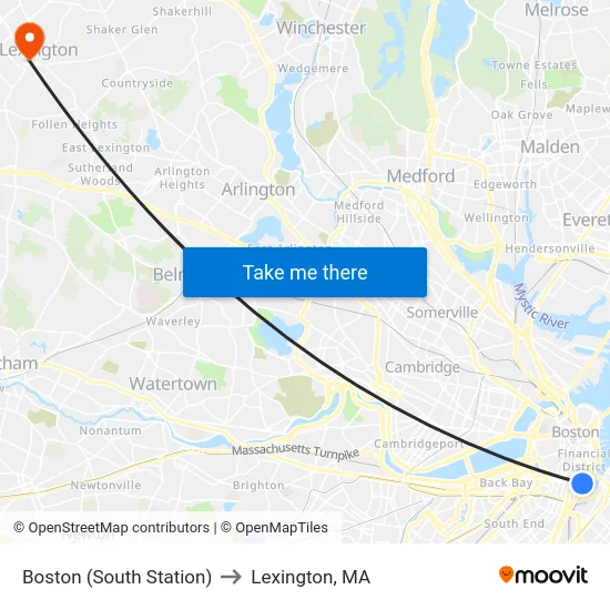 Boston (South Station) to Lexington, MA map