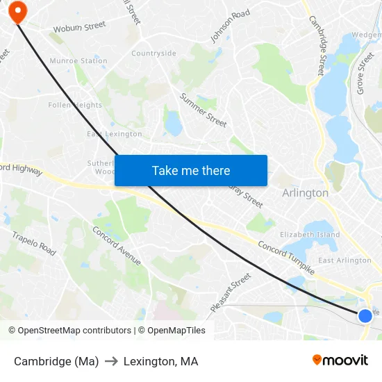 Cambridge (Ma) to Lexington, MA map