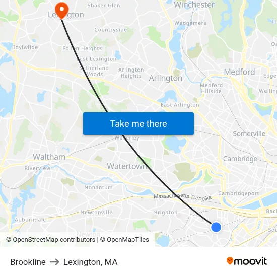 Brookline to Lexington, MA map