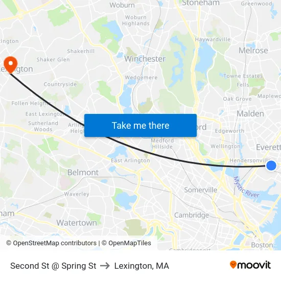 Second St @ Spring St to Lexington, MA map