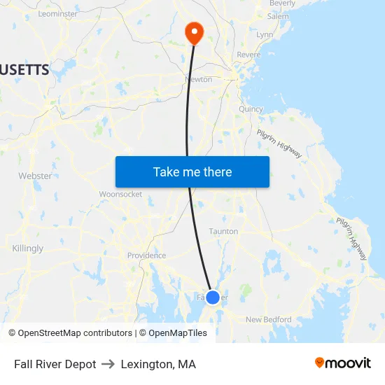 Fall River Depot to Lexington, MA map