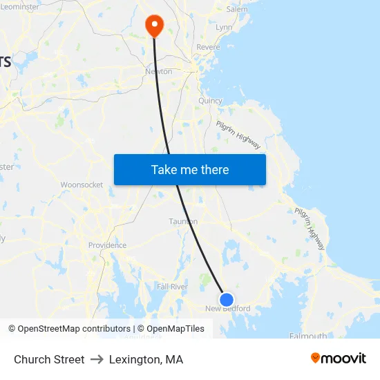 Church Street to Lexington, MA map