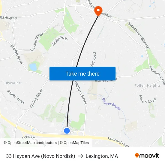 33 Hayden Ave (Novo Nordisk) to Lexington, MA map