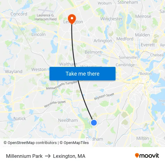 Millennium Park to Lexington, MA map