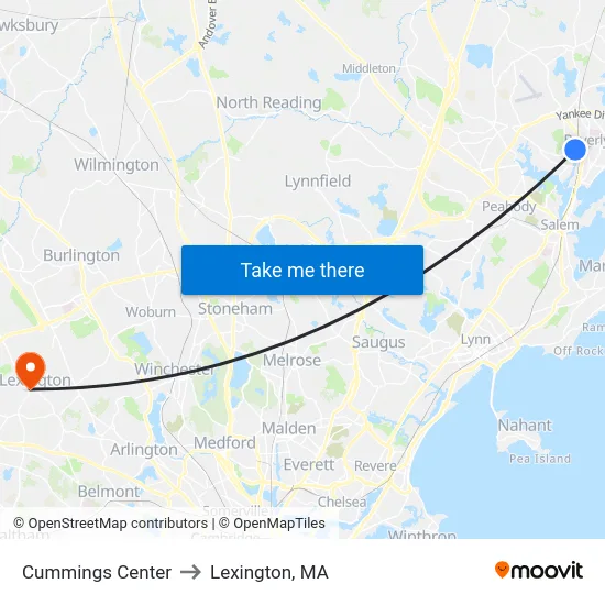 Cummings Center to Lexington, MA map