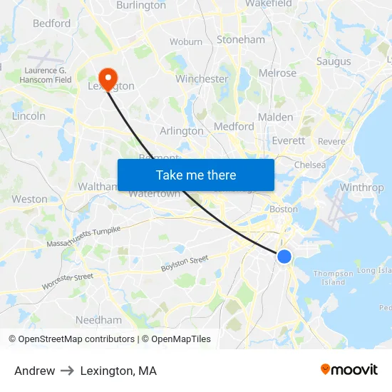 Andrew to Lexington, MA map