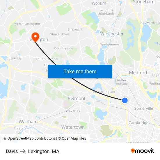 Davis to Lexington, MA map