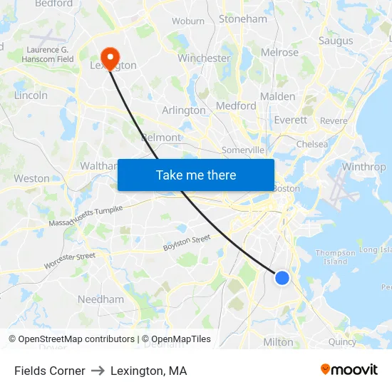 Fields Corner to Lexington, MA map
