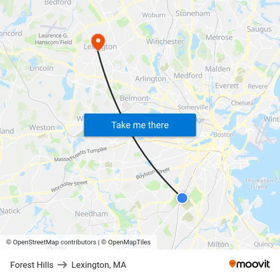 Forest Hills to Lexington, MA map