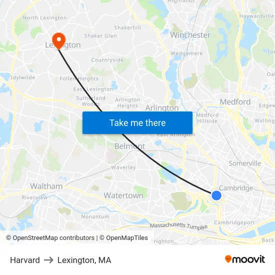 Harvard to Lexington, MA map