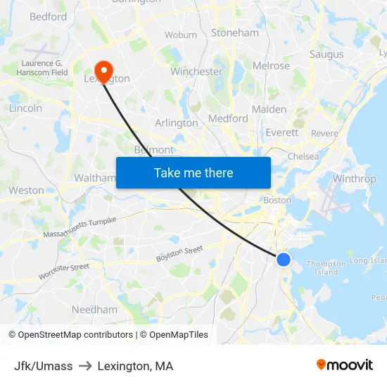 Jfk/Umass to Lexington, MA map