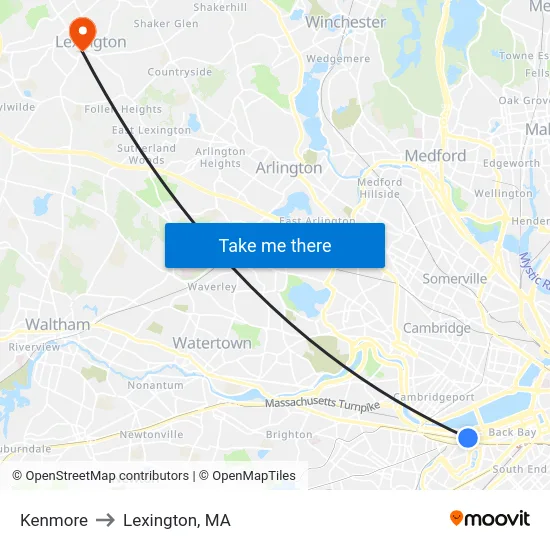Kenmore to Lexington, MA map