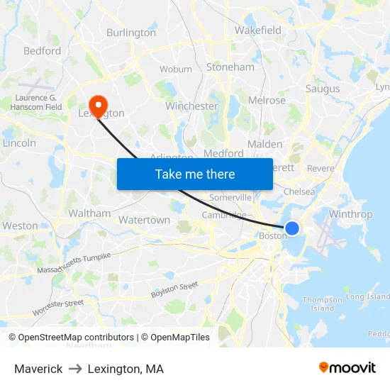 Maverick to Lexington, MA map