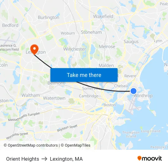 Orient Heights to Lexington, MA map